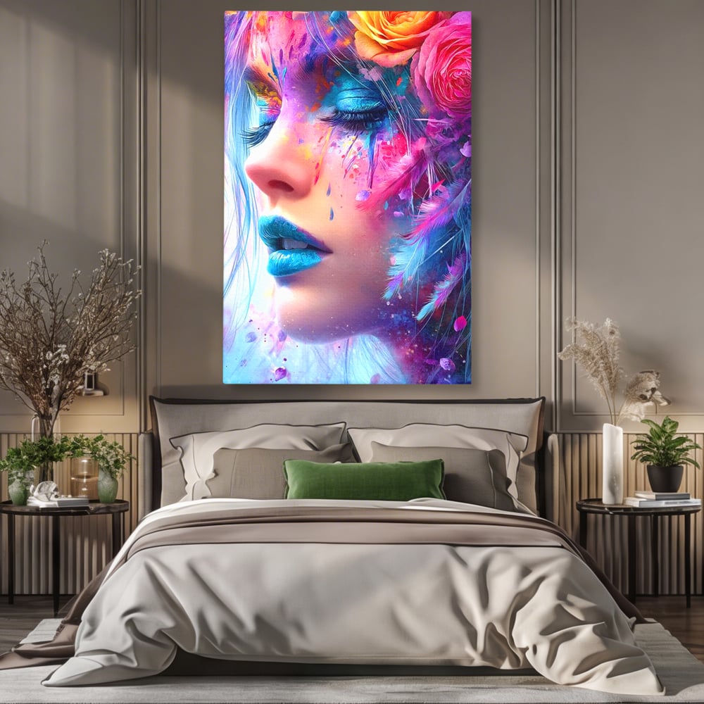 Tablou canvas cu tablou canvas cu fata artistica si flori, fara rama, pe sasiu de lemn, pe perete intr-un dormitor
